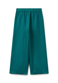 Pantaloni larghi color turchese con cintura elasticizzata, design semplice, parte anteriore piatta e senza tasche visibili su sfondo bianco.