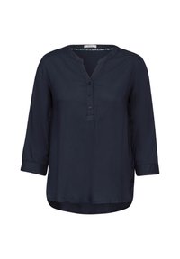 Marineblauwe blouse met lange mouwen, een V-hals, knoopdetails en een afgeronde zoom. Zachte stof met een subtiele glans en manchet mouwen.