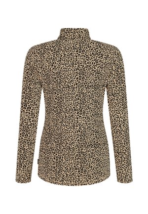 Langärmliges Oberteil mit Leopardenmuster und hohem Kragen, aus weichem Stoff gefertigt. Besitzt schwarze Flecken auf beigem Hintergrund, taillierte Passform.