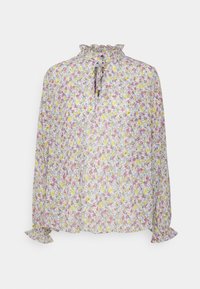 Blouse légère et florale avec un col froncé et des manches longues. Présente des fleurs jaunes, roses et violettes sur un fond pâle.