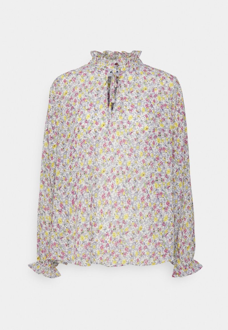 Blouse légère et florale avec un col froncé et des manches longues. Présente des fleurs jaunes, roses et violettes sur un fond pâle.