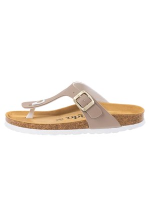 Braune Zehentrenner-Sandale mit einem Korkfußbett, weißer Gummisohle und einem goldenen Schnallenakzent. Verfügt über strukturierte Riemen und ein minimalistisches Design.