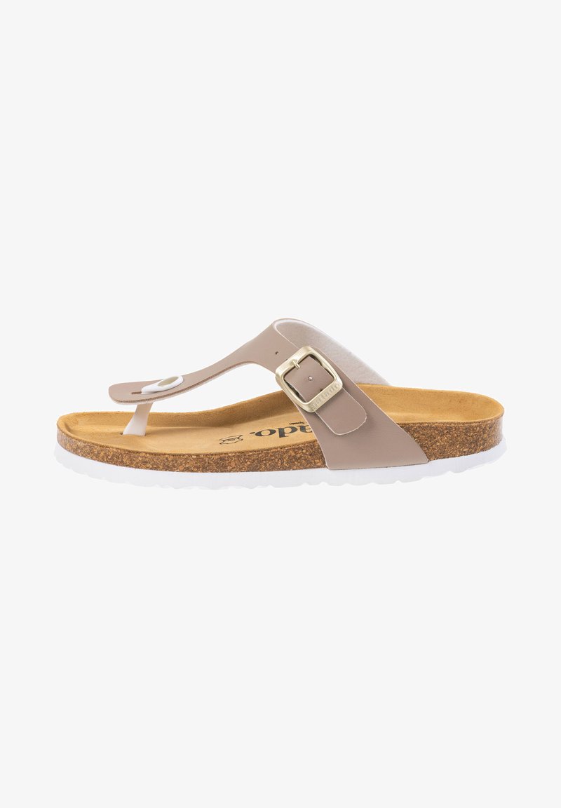 Brown thong sandal with a cork footbed, white rubber sole, and a gold buckle accent. Features textured straps and minimalistic design.