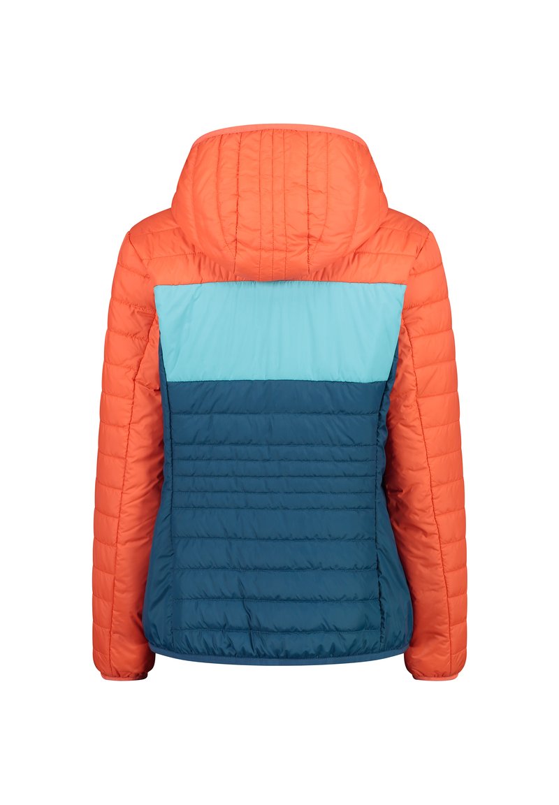 Giubbotto puffo con design color block, con spalle arancioni, parte superiore della schiena azzurra e parte inferiore della schiena blu scuro. Texture trapuntata su tutta la superficie.