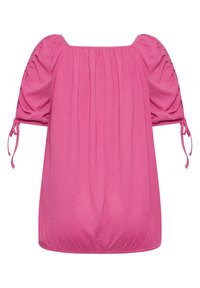 Růžový texturovaný top se čtvercovým výstřihem, krátkými nabíranými rukávy a detaily pro zavázání na manžetách. Volný střih s jemnými sklady.