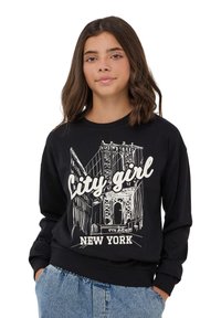 Felpa nera a maniche lunghe con collo a girocollo, caratterizzata da una stampa grafica bianca di un ponte e il testo "City Girl" e "5th Avenue, New York."
