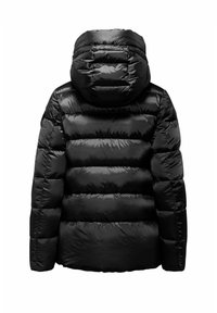 Schwarze gepolsterte Jacke mit Kapuze, ausgestattet mit einer glänzenden Textur, horizontalem Baffle-Design und elastischen Bündchen. Die Rückansicht zeigt keine zusätzlichen Details.
