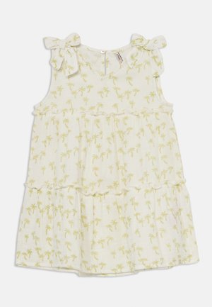 Ärmelloses Kleid in hellem Creme mit einem Palmenmuster in zartem Grün. Es hat Rüschenschichten und Schleifenakzente an den Schultern.