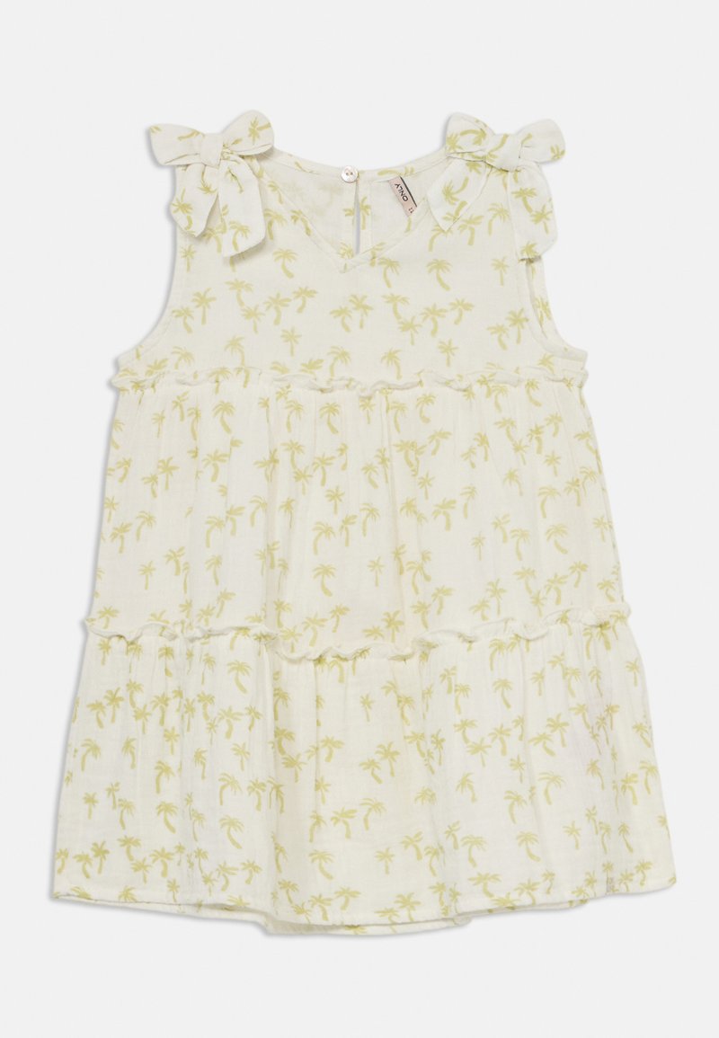 Vestido sem mangas em creme claro com um padrão de palmeiras em verde pálido. Apresenta camadas com babados e laços nos ombros.