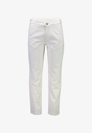 Hvide bomuldsbukser med lige ben-design, der har en frontknaplukning og to lommer. Glat tekstur og minimal detaljer.