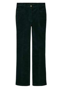 Tummanvihreät viittapohjaiset housut suoranlahkeisella muotoilulla, joka sisältää etutaskut ja napin kiinnityksen. Pehmeä rakenne ja klassinen tyyli.