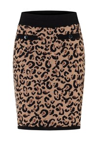 Strickbare Leopardenmuster-Bleistiftrock in Beige und Schwarz, mit einem schwarzen elastischen Bund und zwei dekorativen vorderen Taschen mit Knöpfen.