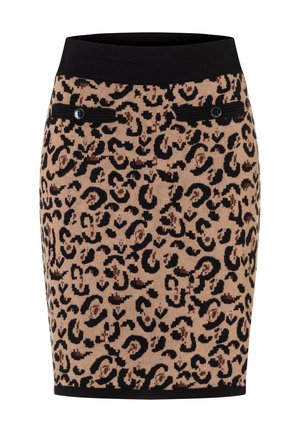 Knit leopard print pencil skirt in tan and black, featuring a black elastic waistband and two decorative front pockets with buttons.