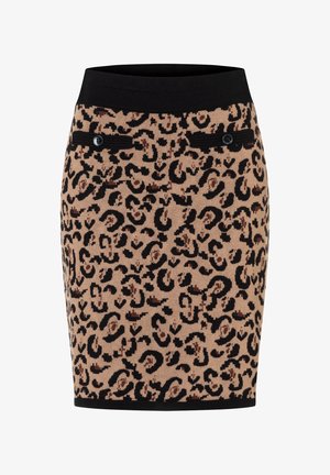 Knit leopard print pencil skirt in tan and black, featuring a black elastic waistband and two decorative front pockets with buttons.