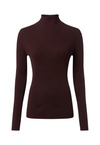 Brązowy sweter z golfem i długimi rękawami, z delikatnym, falbaniastym dekoltem oraz pionowymi szwami dla dopasowanego fasonu.