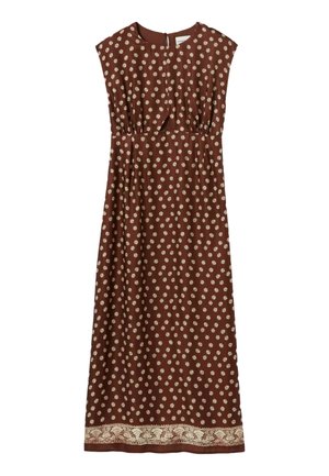 Robe midi marron sans manches avec imprimé marguerite blanche, encolure ronde, découpe en forme de goutte d'eau à la taille devant et bordure décorative florale à l'ourlet.