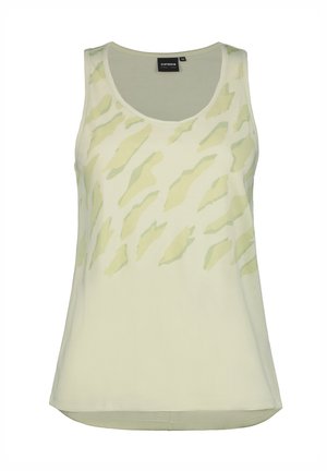 Hellgrünes Tanktop mit rundem Halsausschnitt und einem subtilen abstrakten Muster in dunklerem Grün. Der Stoff wirkt weich und atmungsaktiv, mit einer lässigen Passform.