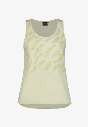 Jasnozielony top na ramiączkach z okrągłym dekoltem i subtelnym abstrakcyjnym wzorem w ciemniejszym odcieniu zieleni. Tkanina wydaje się miękka i przewiewna, a krój jest luźny.