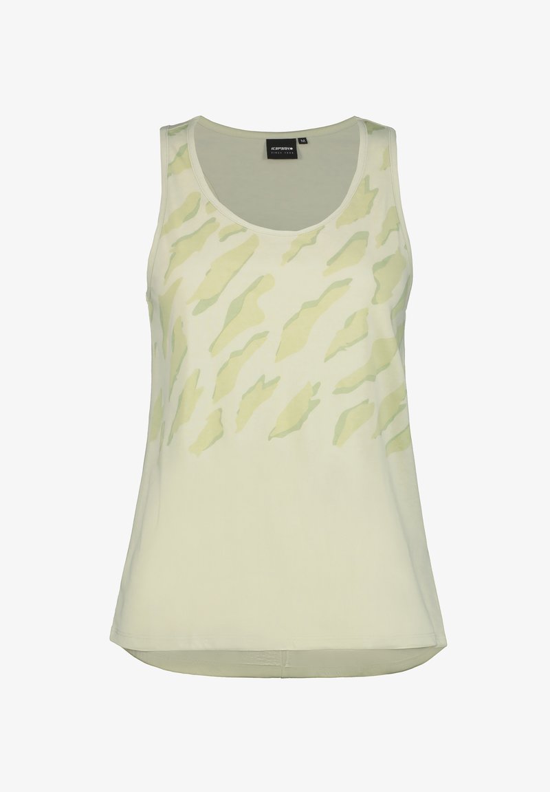 Lichtgroene tanktop met een ronde halslijn en een subtiel abstract patroon in donkerder groen. De stof lijkt zacht en ademend, met een comfortabele pasvorm.