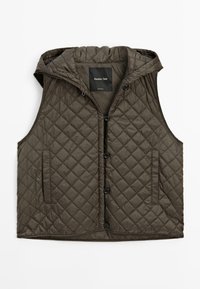 Veste sans manches matelassée vert olive avec boutons à l'avant, deux poches latérales et capuche attachée, fabriquée par Massimo Dutti.