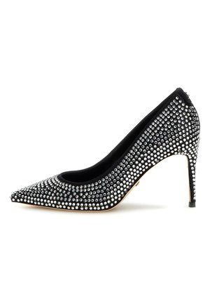Juoda stiletto kulno batelis su smailiu nosimi, padengtas sidabrinių cirkonio akmenų raštu, lygus tekstilinis paviršius ir švelni kulno forma.