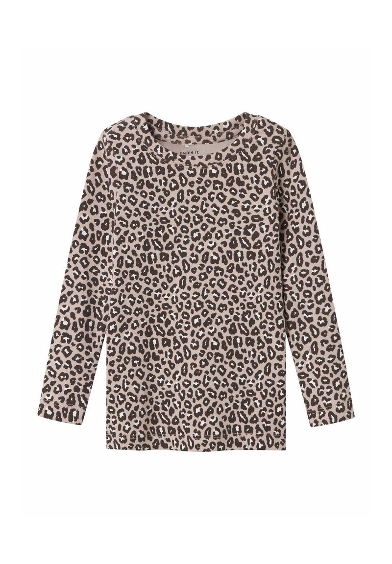Langarm top van zacht materiaal, met een bruin en beige luipaardprint. Klassieke ronde halslijn en een relaxte pasvorm.