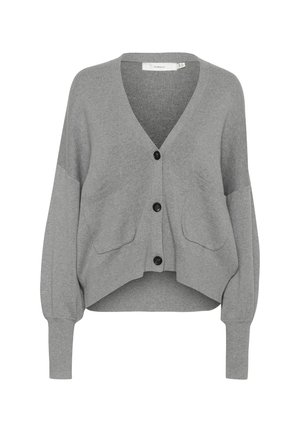 Cardigan grigio corto realizzato in morbido tessuto a maglia, con scollatura a V profonda, lunghe maniche a palloncino, due tasche frontali e bottoni neri.