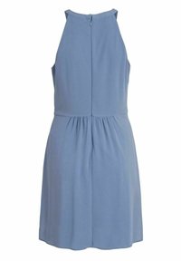 Robe sans manches bleu clair avec un col licou, une taille froncée et une fermeture éclair au dos. Tissu lisse avec un tombé fluide.