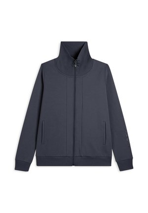 Giacca zip-up blu navy con colletto alto, polsini a coste e due tasche frontali. Tessuto liscio e dettaglio logo discreto sulla manica.