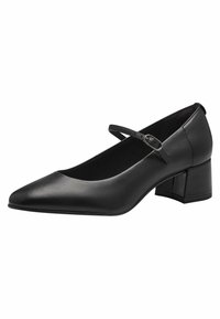 Black leather high heel shoe with a pointed toe, ankle strap, and chunky block heel. Smooth texture and minimalistic design.
