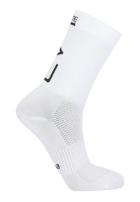 Chaussette de sport blanche avec un bord côtelé, une section médiane texturée et un logo noir. Conçue pour la performance avec un tissu respirant.