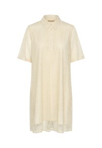 Cremfarbene Spitzen-Polo-Kleid mit kurzen Ärmeln, Kragen und drei Knöpfen an der Vorderseite, aus einem halbtransparenten, strukturierten Stoff.