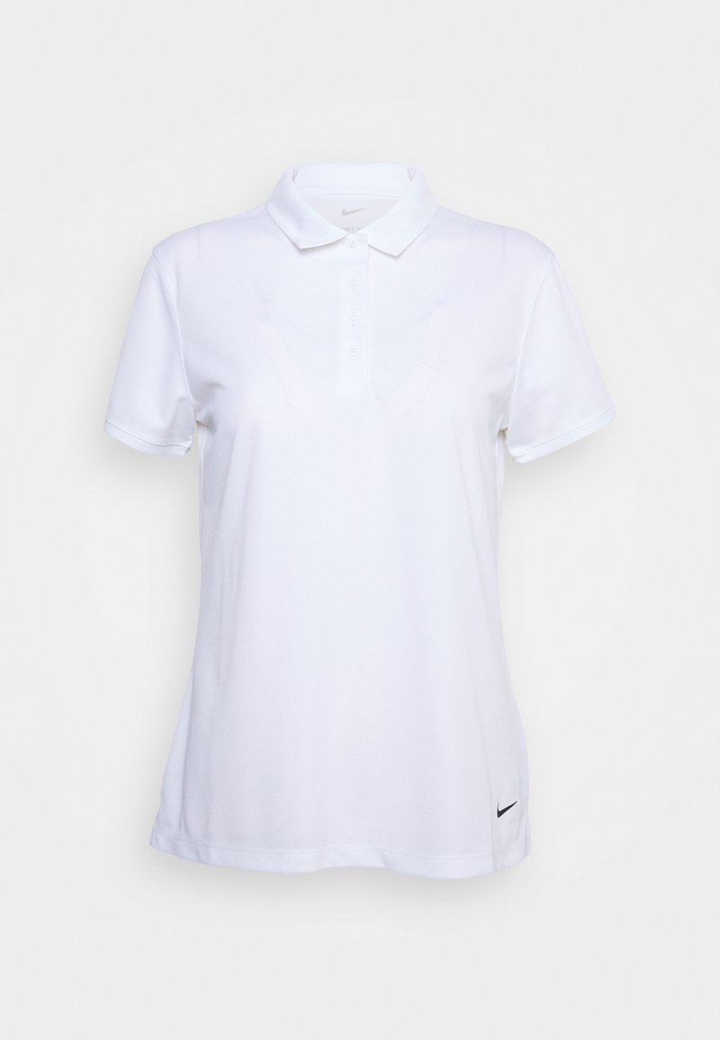 Biely polo tričko vyrobené z hladkej tkaniny, s golierom, krátkymi rukávmi, päticou gombíkov a malým čiernym logom Nike na leme.