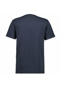 T-shirt in cotone blu navy con collo rotondo e maniche corte, caratterizzato da un design a tinta unita e una texture liscia e semplice sul retro.