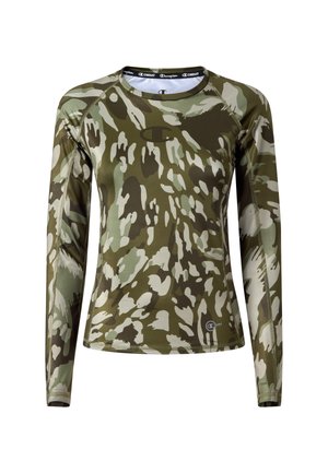 T-shirt de sport à manches longues avec imprimé camouflage, col rond, logo Champion sur la poitrine et étiquette "C DRY" près de l'ourlet.