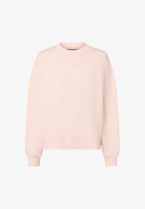 Sweatshirt rose clair avec un col rond, des poignets côtelés et une coupe décontractée. Présente un logo discret en blanc sur le devant. Texture douce.