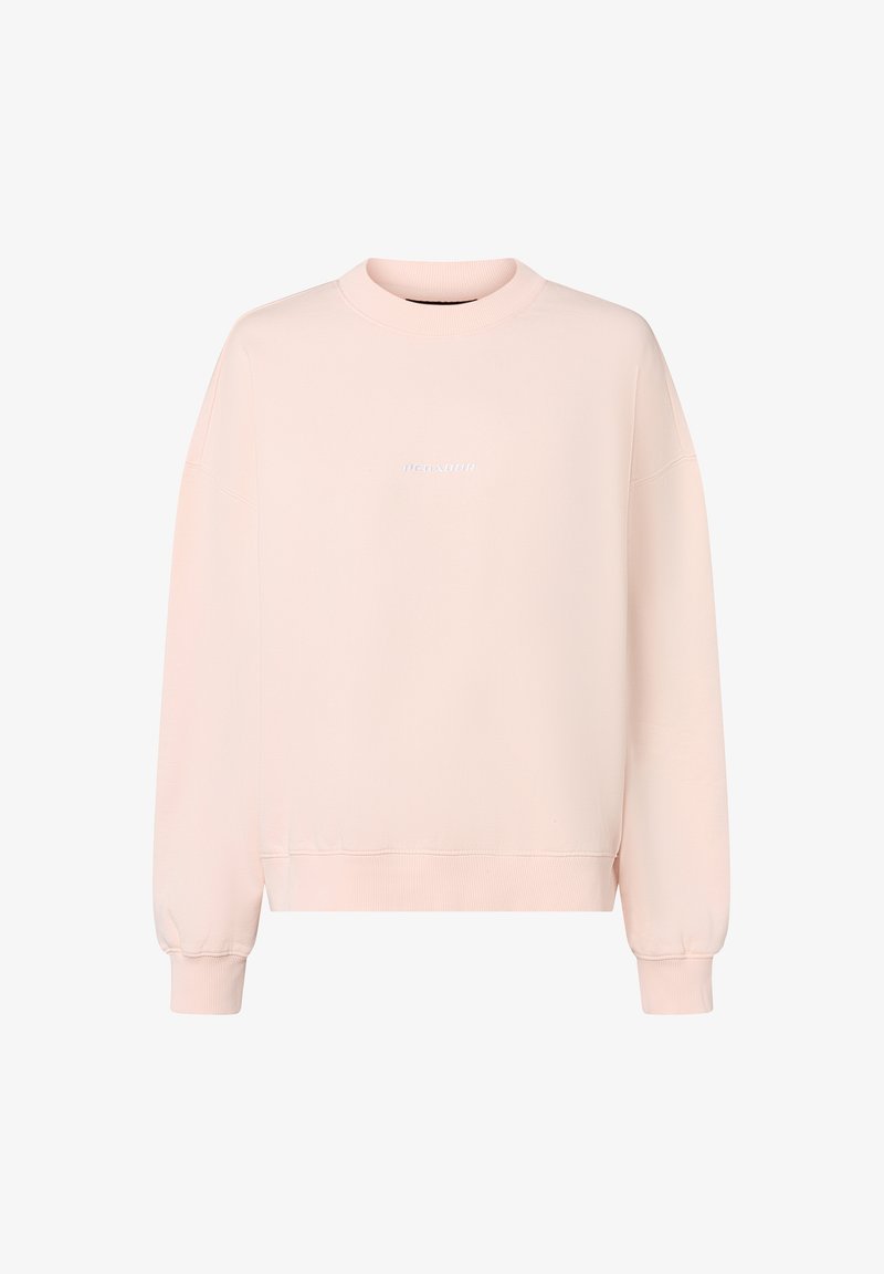 Sweatshirt rose clair avec un col rond, des poignets côtelés et une coupe décontractée. Présente un logo discret en blanc sur le devant. Texture douce.
