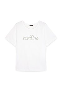Witte katoenen t-shirt met korte mouwen, met het woord "creatief" in sprankelende zilveren versieringen over de voorkant.