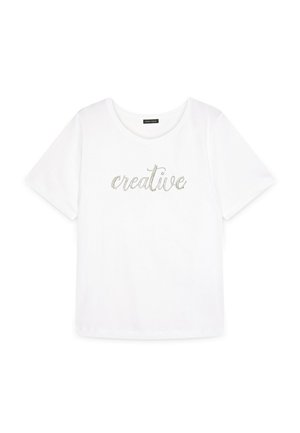 Witte katoenen t-shirt met korte mouwen, met het woord "creatief" in sprankelende zilveren versieringen over de voorkant.