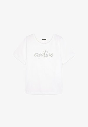 T-shirt bianco in cotone a maniche corte, con la scritta "creativo" in brillanti decorazioni argentate sulla parte anteriore.
