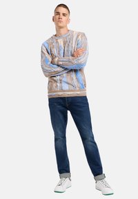 Trui in beige en lichtblauw met gestructureerde patronen; gecombineerd met donkerblauwe jeans en witte sneakers. Casual pasvorm, ronde halsontwerp.