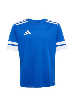 Blue athletic t-shirt with a crew neck, three white stripes on sleeves, and a small white logo at the chest. Made from lightweight material.