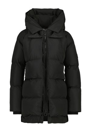 Zwarte pufferjack met een hoge nek, volledige rits aan de voorkant en een oversized capuchon. Beschikt over gestikte secties en elastische manchetten aan de mouwen.