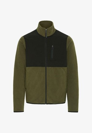Olivgrüne Fleecejacke mit einem schwarzen oberen Abschnitt, Reißverschluss-Brusttasche und Seitentaschen. Verfügt über einen hohen Kragen und einen durchgehenden Reißverschluss.