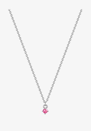 Hõbedane ket necklace, mille keskel on ümmargune roosa kivi ripats. Kett sisaldab omavahel seotud ovaalseid silmuseid.