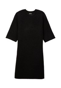 Robe noire en tricot avec des manches raglan courtes, un col rond et une coupe décontractée. Possède une finition texturée avec un aspect doux.