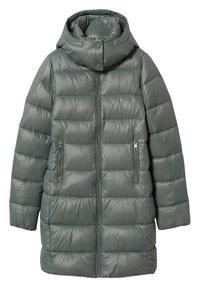 Gepolsterte Parka-Jacke in gedämpftem Grün, mit Reißverschluss vorne, zwei seitlichen Reißverschlusstaschen und Kapuze. Glattes, glänzendes Gewebe mit gesteppter Struktur.