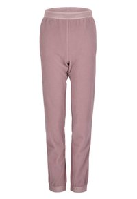 Roze fleecetruien met een zachte textuur, een elastische tailleband met perforaties en taps toelopende benen met omslag-onderkanten.