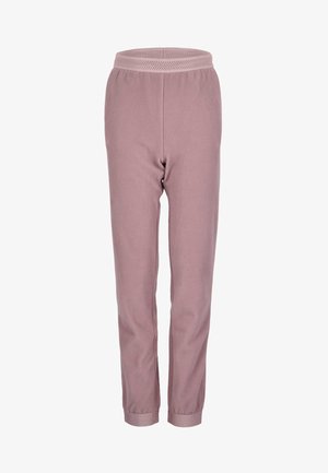 Vaaleanpunaiset fleece-housut pehmeällä tekstuurilla, elastinen vyötärö, jossa on rei'itettyjä osia, ja kapenevat lahkeet, joissa on käänteet.