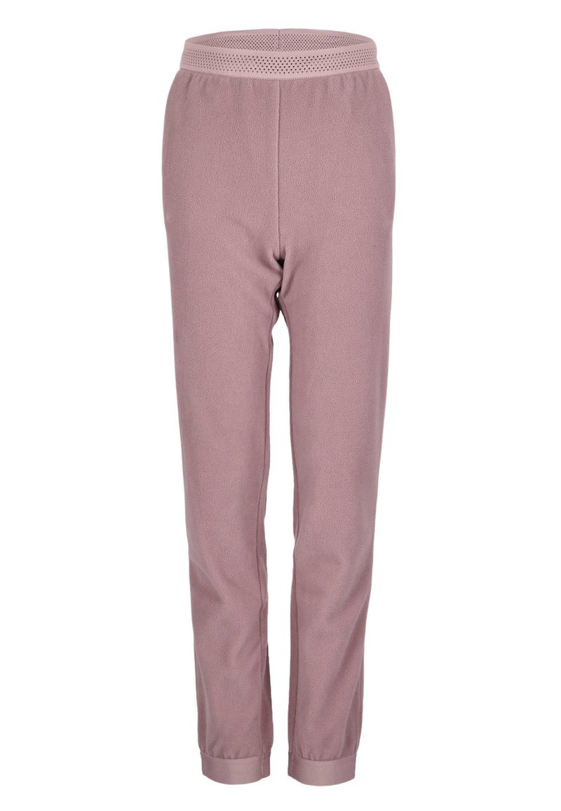 Roze fleecetruien met een zachte textuur, een elastische tailleband met perforaties en taps toelopende benen met omslag-onderkanten.